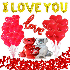 Heart & Bear & Word I Love You Valentine's Day Theme Balloons Set, Including Latex Balloons and Aluminium Film Balloons, for Party Festival Home Decorations