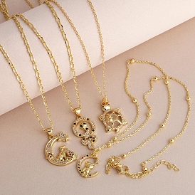 Ожерелья с подвеской из латуни с микро-паве и кубическим цирконием для женщин, луна/медведь/змея/черепаха