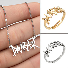 Hip Hop Retro Stainless Steel Irregular Letter Pendant Necklace & Ring Set