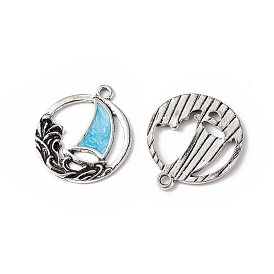 Rack Plating Alloy Pendant, with Enamel, Flat Round with Sail Charm