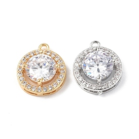 Brass Micro Pave Clear Cubic Zirconia Pendants, with Glass, Flat Round Charm