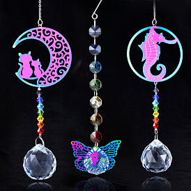 Glass Hanging Suncatcher Pendant Decoration, Crystal Ceiling Chandelier Ball Prism Pendants, with Stainless Steel Findings, Sea Horse/Butterfly/Moon Pattern