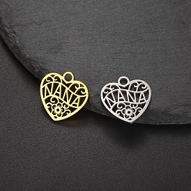 Titanium Steel Pendants, Laser Cut, Heart with Word Nana & Flower Charm