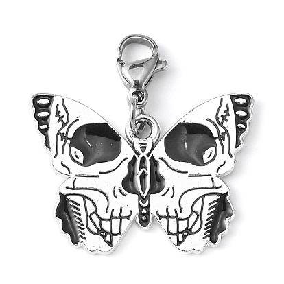 Alloy Enamel Pendant Decorations, with 304 Stainless Steel Lobster Claw Clasps, Butterfly with Skull