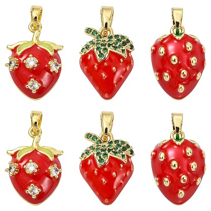 6шт 3 стили латунные эмалевые подвески, со стразами, клубничное очарование, золотые