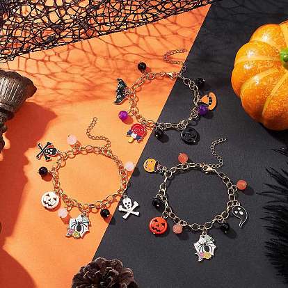 3 шт 3 стили хэллоуин тема сплав эмаль браслеты с подвесками для женщин, с синтетической бирюзой и стеклянными круглыми бусинами