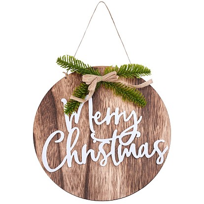 Wooden Pendant Decorations, Mediterranean Style, Flat Round with Merry Christmas