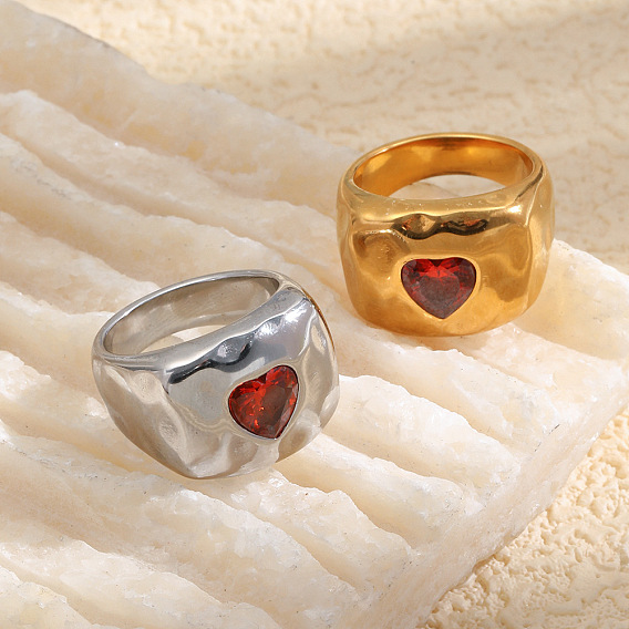 304 Stainless Steel Cubic Zirconia Finger Rings, Heart