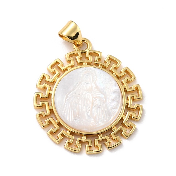 Eco-Friendly Brass Pendants, Long-Lasting Plated, with Natural Shell, Real 18K Gold Plated, Cadmium Free & Lead Free, Round with Jesus Pattern