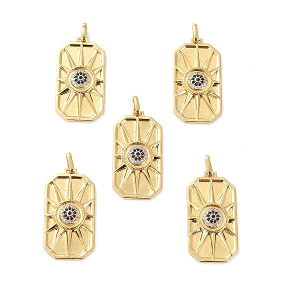 Brass Micro Pave Cubic Zirconia Pendants, Long-Lasting Plated, Cadmium Free & Lead Free, Rectangle with Sun
