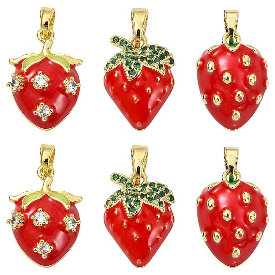 6шт 3 стили латунные эмалевые подвески, со стразами, клубничное очарование, золотые