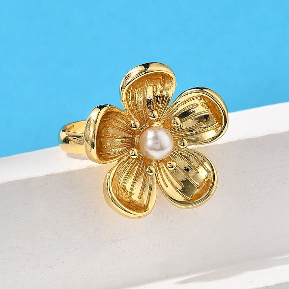 Цветочные латунные кольца для женщин, с абс пластмассовой имитационной жемчужиной, долговечный, без свинца и без кадмия