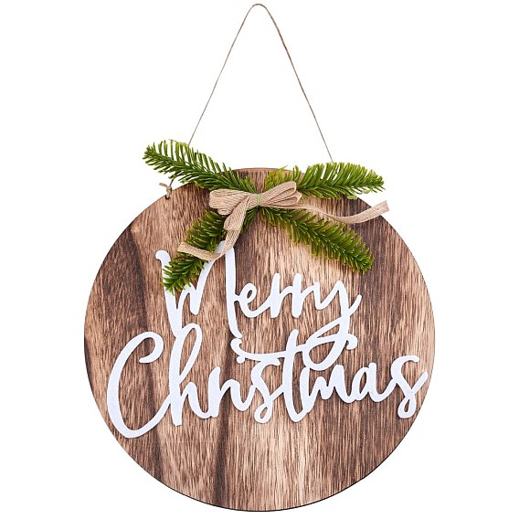 Wooden Pendant Decorations, Mediterranean Style, Flat Round with Merry Christmas