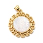 Eco-Friendly Brass Pendants, Long-Lasting Plated, with Natural Shell, Real 18K Gold Plated, Cadmium Free & Lead Free, Round with Jesus Pattern