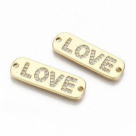Brass Micro Pave Clear Cubic Zirconia Links Connectors, Nickel Free, Oval with Word Love