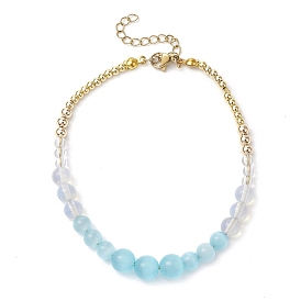 Opalite & Cat Eye Beaded Anklets, Round Brass Beads Jewelry for Women