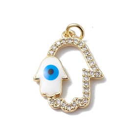 Placage de crémaillère en laiton micro pavé pendentifs en zircone cubique claire, avec émail et anneau de saut, sans plomb et sans cadmium, plaqué longue durée, double main hamsa avec charme mauvais œil