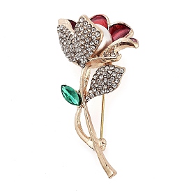 Valentine's Day Rose Flower Zinc Alloy Crystal Rhinestone Brooches, with Enamel