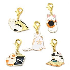 Cat Shapes Alloy Enamel Pendants Decorations, with Zinc Alloy Lobster Claw Clasps