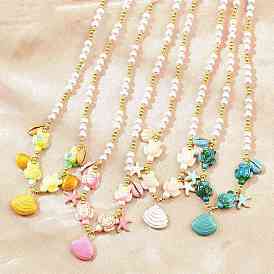 Colgante redondo de latón esmaltado con forma de estrella de mar y perlas de imitación de ABS., chapado en rack, larga duración plateado, sin plomo y cadmio, real 18 k chapado en oro