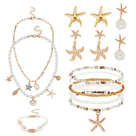 Conjuntos de joyas para mujeres, Incluye conjuntos de tobilleras elásticas, collares de doble capa, aretes, estrella de mar