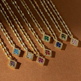 Birthstone Style Cubic Zirconia Rhombus Pendant Necklaces, Golden Brass Necklace