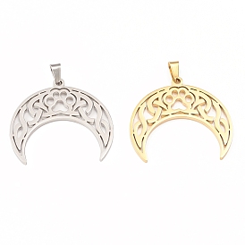304 Stainless Steel Hollow Pendants, Double Horn/Crescent Moon with Cat Paw Print Charm