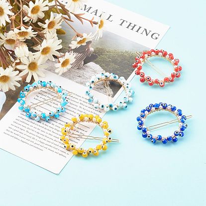 Alloy Hollow Hair Barrettes, with Handmade Lampwork Evil Eye Beads, Ponytail Holder Statement, with Hair Accessories for Women, Ring