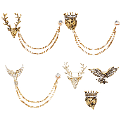 6pcs 6 broches de sécurité en strass style lion, aigle et cerf, insignes de chaîne suspendus en alliage pour col de chemise de costume