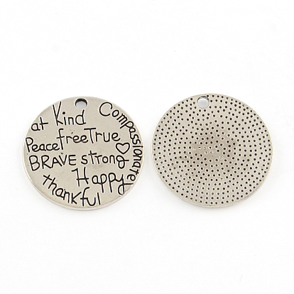 Tibetan Style Alloy Pendants, Cadmium Free & Lead Free, Flat Round with Word, Saying Charms, 25x1.5mm, Hole: 2mm, about 395pcs/1000g