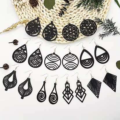 Hollow Iron Wood Dangle Earrings for Women, Teardrop