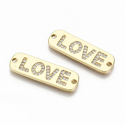 Brass Micro Pave Clear Cubic Zirconia Links Connectors, Nickel Free, Oval with Word Love