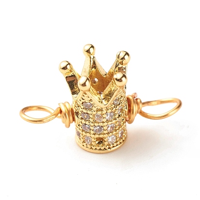 Brass Micro Pave Cubic Zirconia Link Connectors, with Real 18K Gold Plated Eco-Friendly Copper Wire, Crown