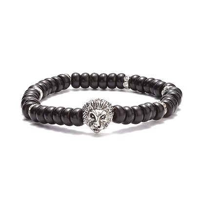 Coconut Shell Beaded Stretch Bracelet with Alloy Lion for Women