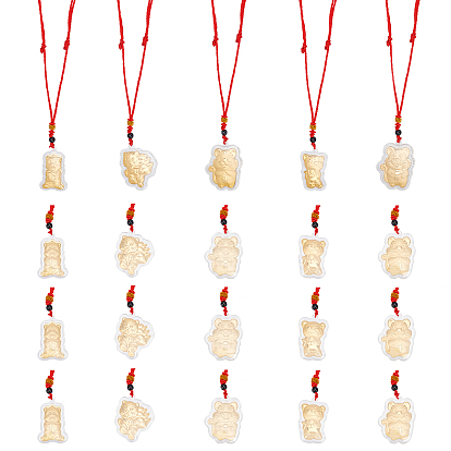 20 piezas 4 estilo chino zodíaco tigre juego de collares colgantes de lámina de oro para regalo de año nuevo, los collares de la bendición de la suerte del tigre con cordón rojo y carácter chino
