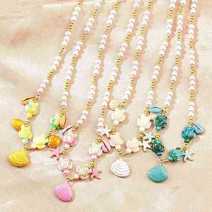 Ocean Brass Enamel Starfish Shell Shape Pendant Round ABS Imitation Pearl Beaded Necklaces, Rack Plating, Long-Lasting Plated, Cadmium Free & Lead Free, Real 18K Gold Plated