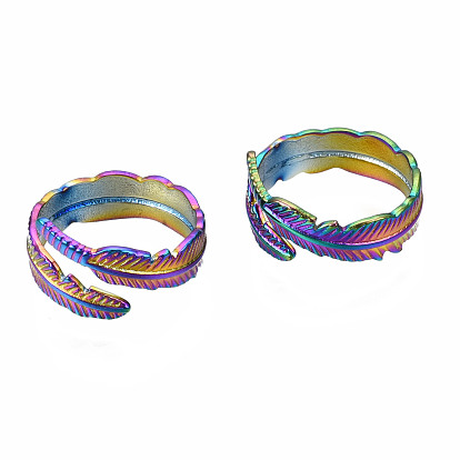 Feather Cuff Rings, Rainbow Color 304 Stainless Steel Open Rings for Women