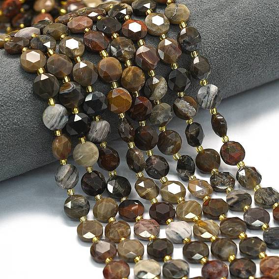 Природные окаменелое дерево бисер пряди, граненый шестиугольный разрез, плоско-круглые, с бисером