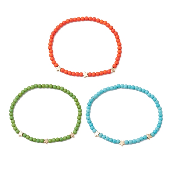 Окрашенные синтетические бирюзовые бусины эластичные браслеты для женщин и мужчин, с латунной бисера, звезда