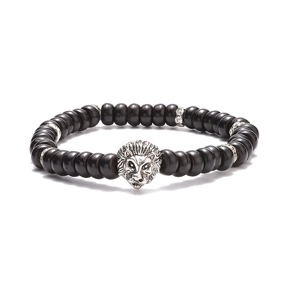 Coconut Shell Beaded Stretch Bracelet with Alloy Lion for Women