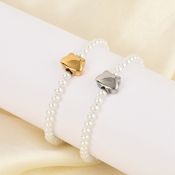 Пластиковые браслеты из искусственного жемчуга для женщин, кошка, с 304 фурнитурой из нержавеющей стали