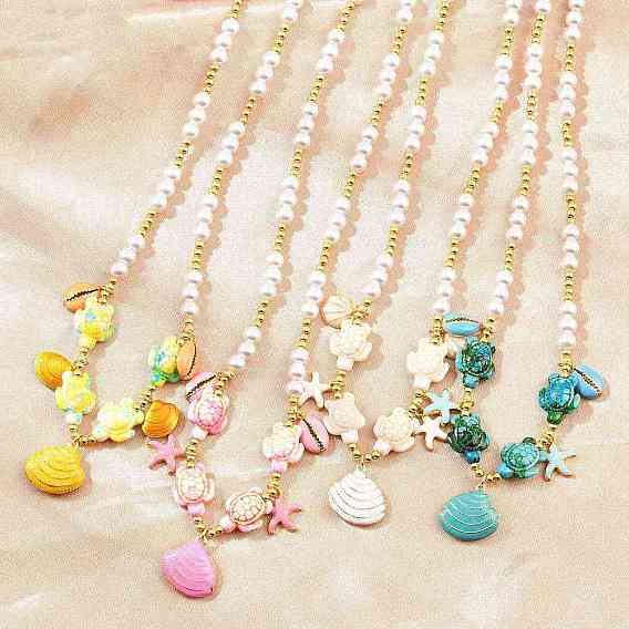 Ocean Brass Enamel Starfish Shell Shape Pendant Round ABS Imitation Pearl Beaded Necklaces, Rack Plating, Long-Lasting Plated, Cadmium Free & Lead Free, Real 18K Gold Plated