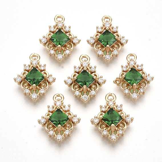 Golden Tone Brass Pendants, with Faceted Glass and Clear Rhinestone, Rhombus