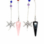 Gemstone Dowsing Pendulums, with Alloy Triple Moon Pentacle & Gemstone Beads & Brass Chain, Hexagonal Cone Pendant