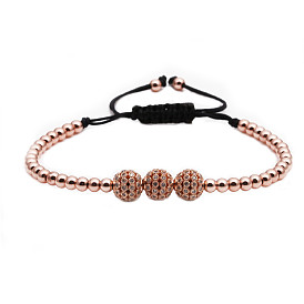 Copper Woven Bracelet with Three Colorful Zirconia Balls