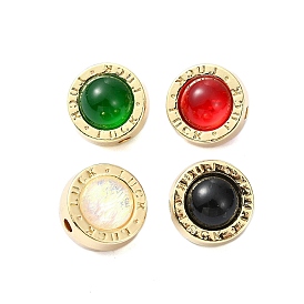 Rack Plating Alloy Resin Beads, Flat Round Beads with Word Luck, Golden