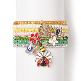 7Pcs 7 Style Glass Seed Beaded Stretch Bracelets Set, Hamsa Hand with Evil Eye & Butterfly & Bee & Flower Alloy Enamel Charms Stackable Bracelets for Women