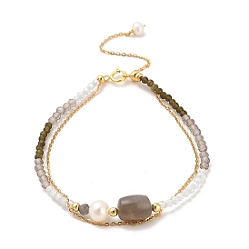 Natural Multi-Moonstone Bead Bracelets, with Sterling Silver Beads and Pearl Beads and Glass Beads, Real 18K Gold Plated
