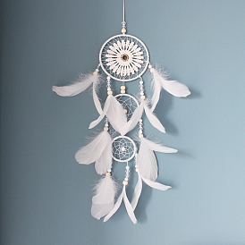 Toile/filet tissé avec ornements suspendus en plumes, avec des perles de bois pour les décorations murales de la maison, du salon et de la chambre à coucher