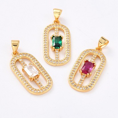 Real 18K Gold Plated Brass Micro Pave Cubic Zirconia Pendants, Cadmium Free & Lead Free, Long-Lasting Plated, Oval